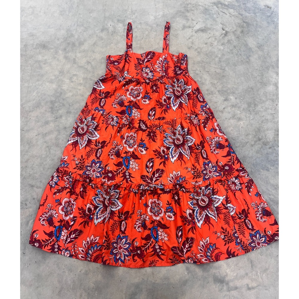 Rhode Midi Dress Womens Orange Floral 100% Cotton Spaghetti Strap Smocked Bodice